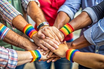 multiracial people putting hands together with LGBT rainbow flag wristbands. Diversity, pride, equality and unity concept