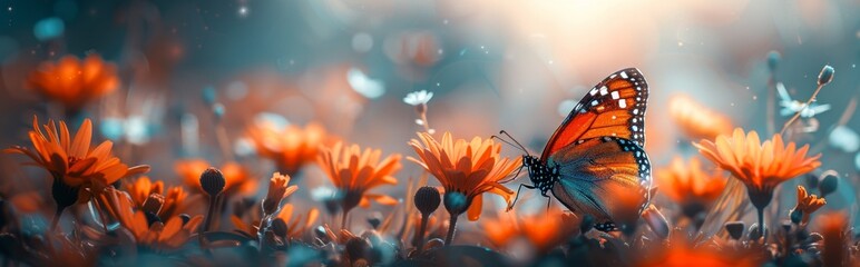 Obraz premium Beautiful Blooming Spring Flowers and Butterflies in Vibrant Garden. Floral Nature Backgrounds for Seasonal, Botanical, or Eco-Friendly Designs