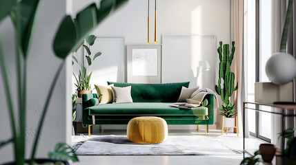 Stylish scandinavian interior of living room with design green velvet sofa gold pouf wooden furniture cacti carpet cube copy space and mock up poster frames Template : Generative AI