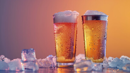 Two frothy beer glasses surrounded by ice cubes