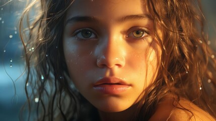 A portrait of a young girl with dew drops glistening on her skin, with morning light effects, in a fresh and vivid style with soft highlights and gentle hues, in the style of a hyper realistic wide an