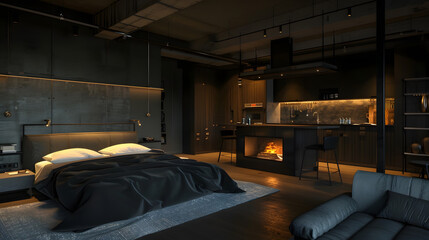 luxury studio apartment with a free layout in a loft style in dark colors Stylish modern kitchen...