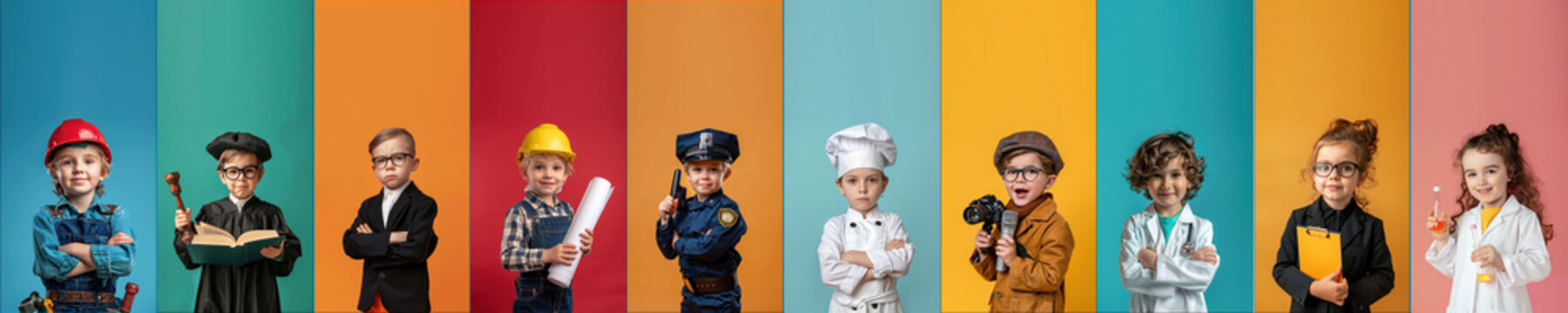 Collage with Cute little children in uniforms of different professions on a color background