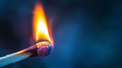 Detailed shot of a matchstick at the moment of ignition, focusing on the bright flame at the tip, captured in high resolution
