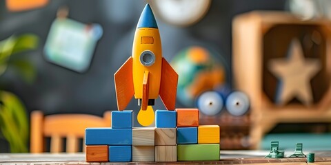 Wooden Building Blocks and Toy Rocket Represent Educational Entrepreneurship Kits for Children description This image depicts a playful and
