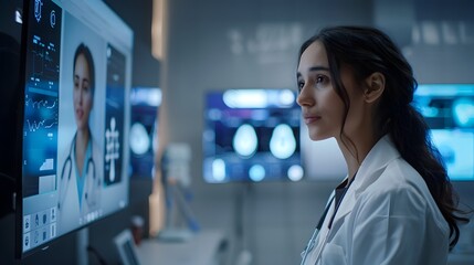 Fototapeta premium Healthcare Professional Conducting Video Consultation with Patient on Touchscreen Monitor in Minimalist Medical Facility