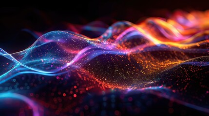 Fototapeta premium Dynamic digital artwork featuring vibrant, flowing waves with glowing particles across a starry backdrop.
