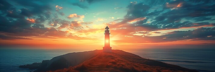 Light house over the hill on a sunrise realistic nature and landscape