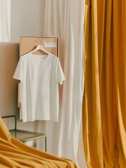 white blank t-shirt hanging from indoor room mockup 