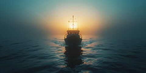 Solitary Vessel Navigates the Boundless Oceans at Dusk Embodying the Spirit of Adventure and