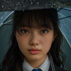 Close-up, school uniform, Asian teenage woman, noon, rainy weather, holding umbrella
