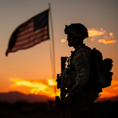Silhouettes of soldiers with USA flag against the sunset. Greeting card for Veterans Day, Memorial Day, Independence Day,generative Ai