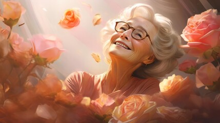 A portrait of an elderly woman with roses blooming from her shoulders, with soft petals effects, in a romantic and elegant style with delicate details and warm tones, in the style of a hyper realistic