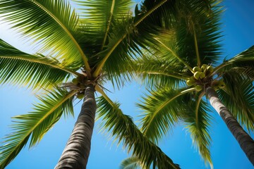 Fototapeta premium Top view of palm trees against clear blue sky