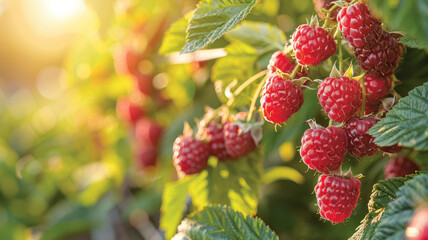 Ripe red raspberries on the bush with lush green leaves in sunlight - Powered by Adobe