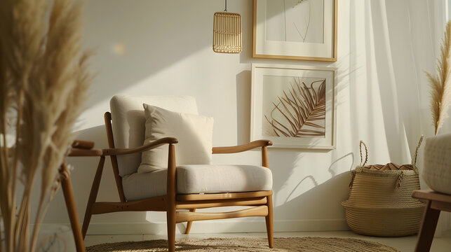 Modern composition in stylish living room interior with design armchair mock up poster frames carpet decoration dried flowers rattan basket and elegant accessories in home decor : Generative AI