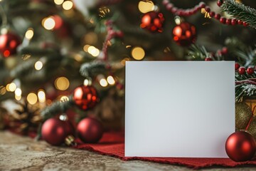 Elegant holiday mockup scene featuring an empty card with christmas tree and ornaments in soft-focus background