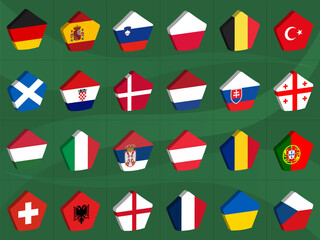 Set of flags of European football tournament participants. Collection of European  flags in the form of three-dimensional pentagonal prisms on green background. 3d icons for your web site design, logo