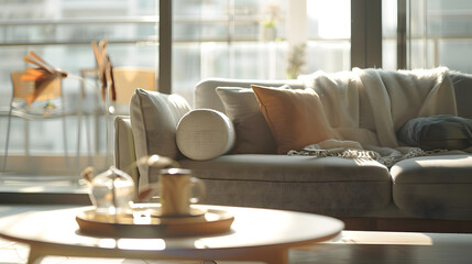 Interior of light living room with grey sofa coffee table and big window : Generative AI