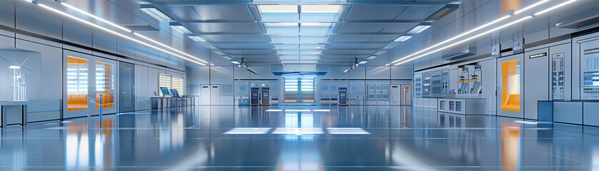 Obraz premium Sustainable Energy Research Facility Floor: Showing solar panel arrays, wind turbine models, energy storage systems, and researchers developing renewable energy solutions