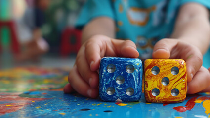 The child is playing with a pair of colorful dices
