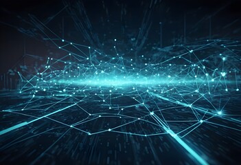 Obraz premium Futuristic digital technology, internet network connection concept. Data exchange, digital transformation with glowing digital interfaces and floating data elements