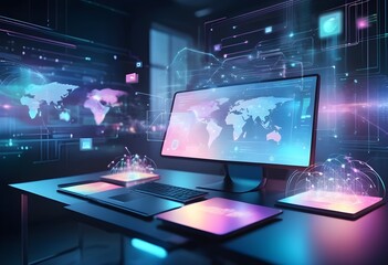 Fototapeta premium Futuristic digital technology, internet network connection concept. Data exchange, digital transformation with glowing digital interfaces and floating data elements