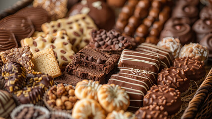A variety of chocolates and cookies arranged on a platter.