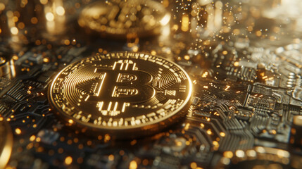 A Bitcoin coin with a glowing symbol sitting on a detailed electronic circuit board, depicting cryptocurrency technology.