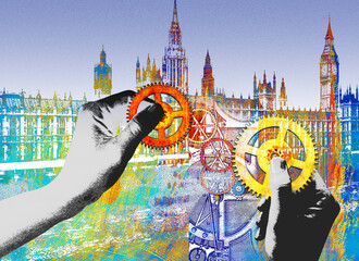 Hands holding cogs over House of Parliament, Westminster, London