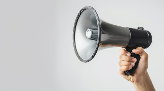 Zoom in on a hand extending a megaphone towards the viewer, close-up, whimsical, Manipulation, with a clean white background to draw focus to the act of speaking out