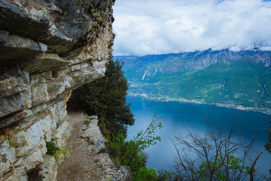 Lake Garda, during spring, seen from Mount Cas, near the town of Piovere, Italy - May 4, 2024