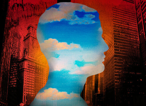 Blue sky and clouds forming man&rsquo;s head in city