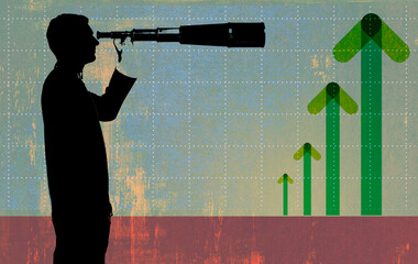 Man looking through telescope at growth