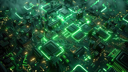 Highly detailed close-up of a green circuit board with glowing green lines and components, showcasing advanced technology.