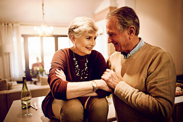 Senior, couple and support in home with love on date of anniversary in marriage or retirement....
