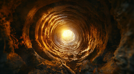 The dark cave has a bright light at the end of the tunnel.