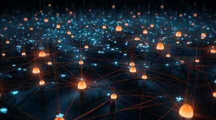 Futuristic visualization of a complex network with glowing data connections in vibrant blue and pink