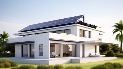 residential solar panels flat design side view home sustainability theme 3D render Monochromatic Color Scheme
