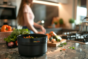 Close up of kitchen compost bin with young woman cooking in the kitchen in background, waste management concept, Generative AI