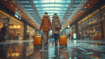 Young Asian couple happily walking through an airport terminal, warmly dressed for travel with suitcases in hand