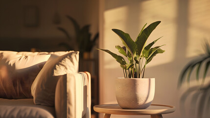 Stylish room interior with comfortable furniture and plant near beige wall : Generative AI