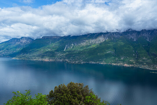 Lake Garda, during spring, seen from Mount Cas, near the town of Piovere, Italy - May 4, 2024