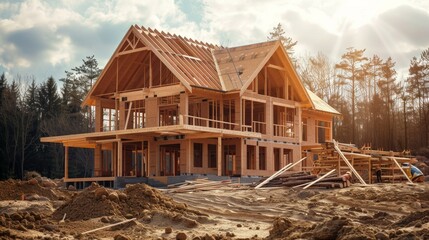 Construction site of a wood frame home, early building process visible, with carpenters and tools in action, captured in raw style