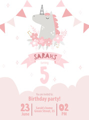 Vector template children's birthday party invitation. Kids unicorn party. Pony. Horse. Baby shower. Baby Girl. Happy Birthday kids card. Newborn party. Celebration. Girly delicate pink invitation.