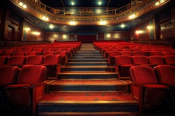 Empty cinema auditorium with red seats and wooden floor illuminated by spotlights
