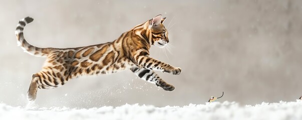 Action shot of a Bengal jumping towards a toy, agile and graceful, white base