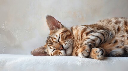 Bengal cat in a pensive pose, deep gaze, simple white canvas