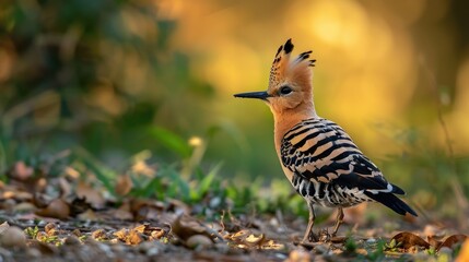 Close up of a Common Hoopoe bird foraging on the ground in the early morning light