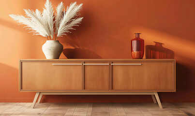 3d rendering, mid century modern sideboard in terracotta colour with vase and pampas grass on top, front view, warm background